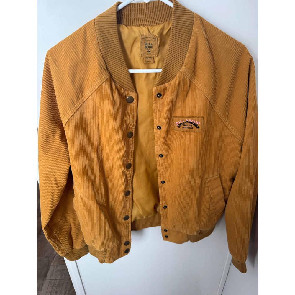 Billabong Mens Corduroy Bomber Jacket Mustard Yellow Snap Front Surf Style Large